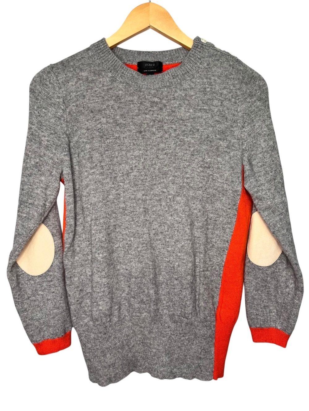 J.Crew Wool Cashmere Blend Sweater Medium Grey Orange Colorblock Elbow Patches